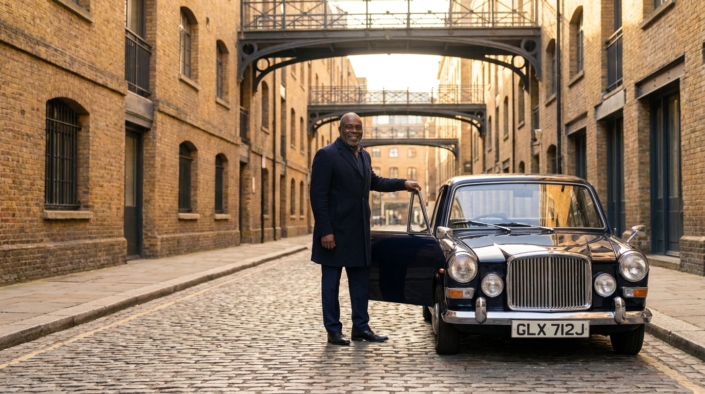Hugh Archer, owner and chauffeur of ToucheRide, holding open the door of his classic English saloon on a cobbled street in Shad Thames, London