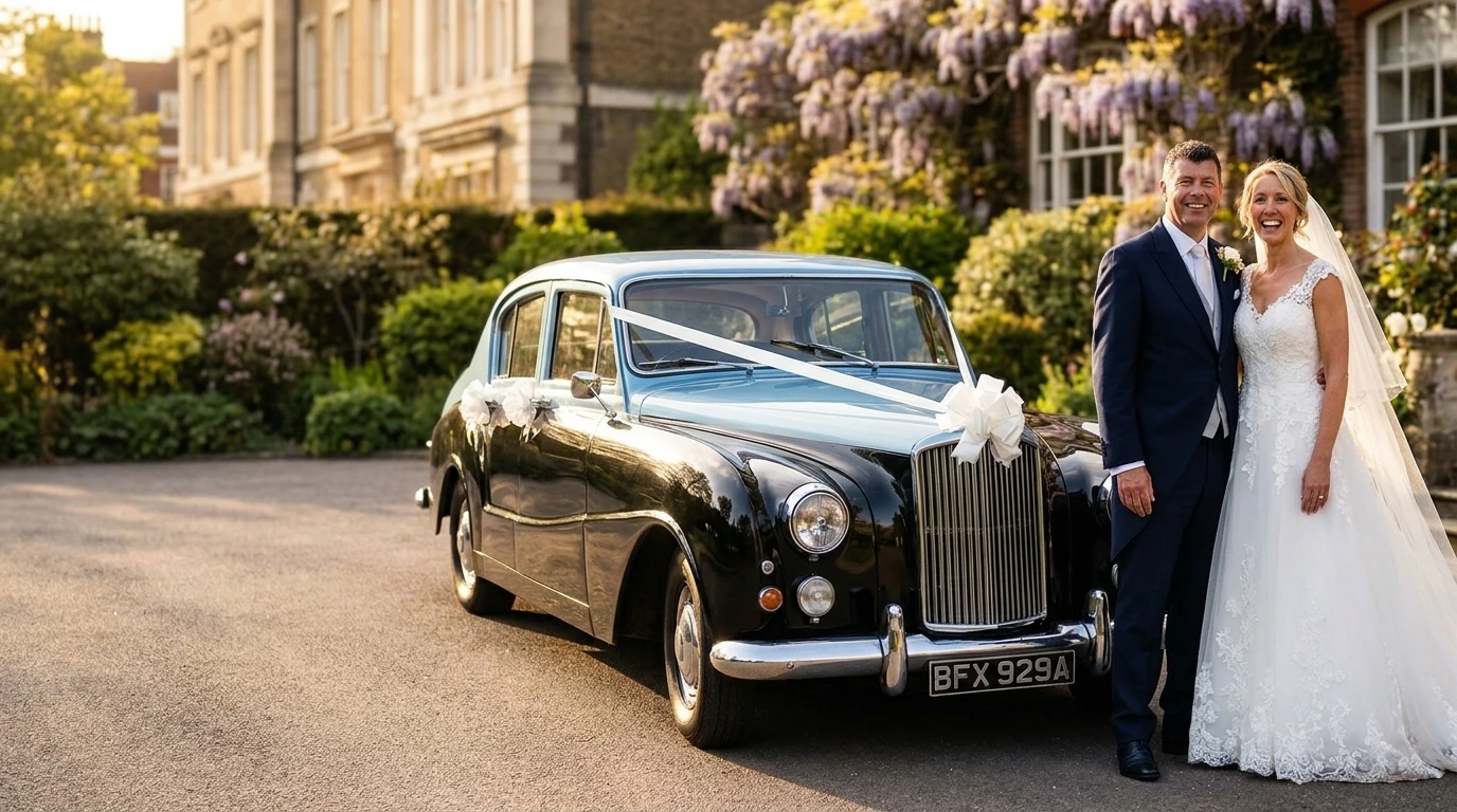 Bride and groom beside a classic black and blue wedding car dressed with white ribbon