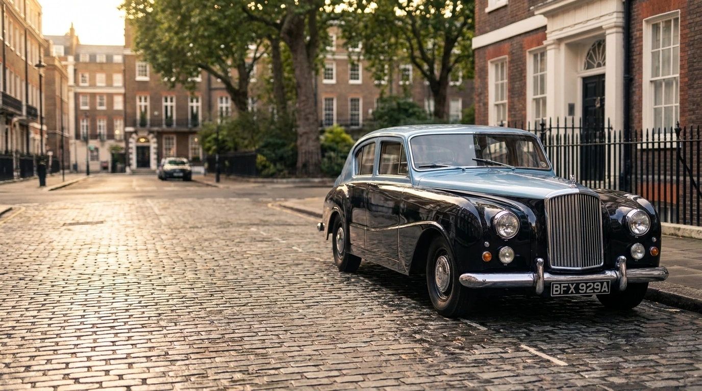 Classic English saloon with a polished chrome grille, parked in a Georgian London square
